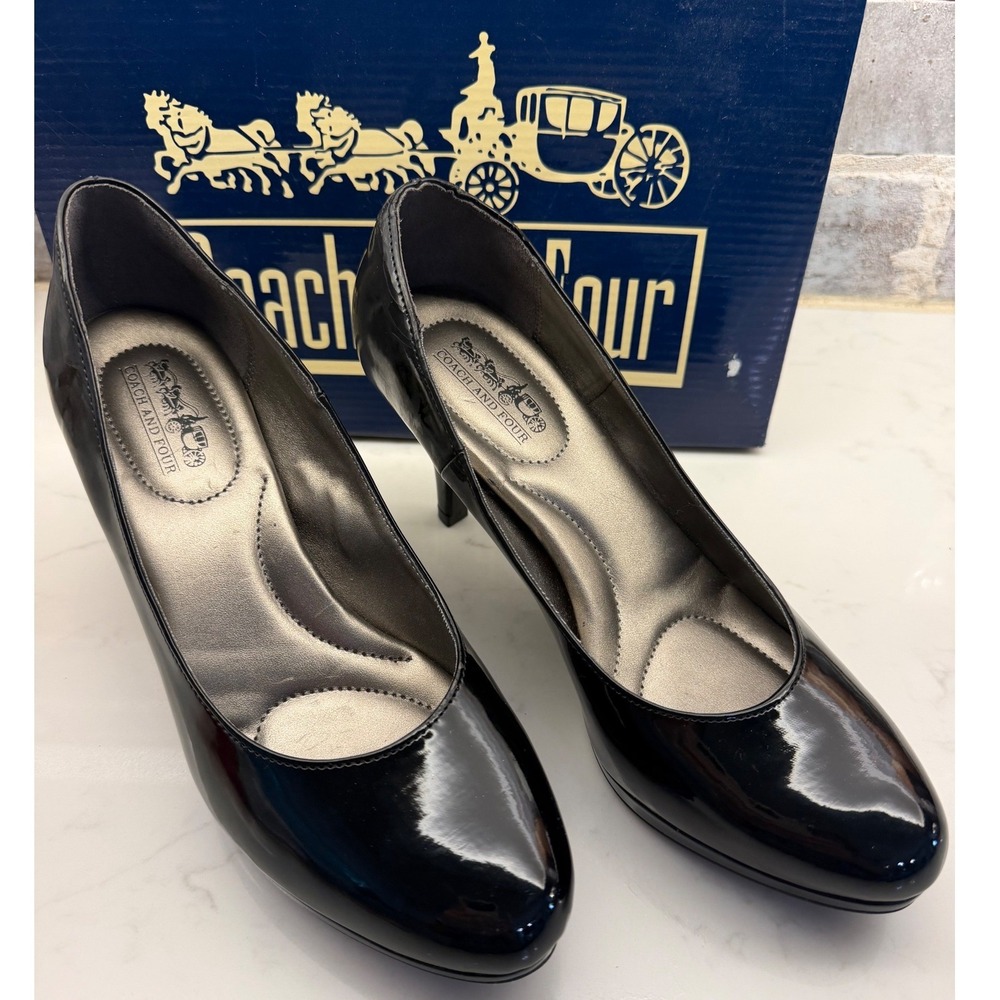 Coach and Four Womens Black Patent Leather Pumps Round Toe Heels Size 7.5